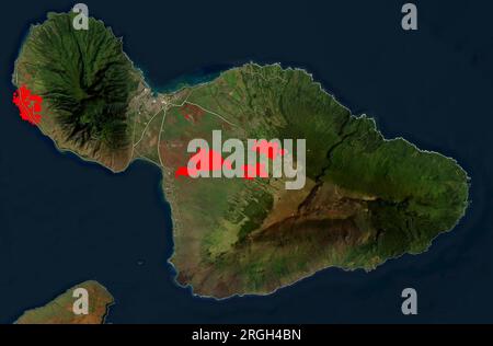 Maui Island, Hawaii, USA. 9. Aug. 2023. Eine Karte der NASA zeigt die Standorte der Waldbrände von Maui am 9. August 2023. In Hawaii brannten Waldbrände und veranlassten Evakuierungen im ganzen Staat. Kredit: ZUMA Press, Inc./Alamy Live News Stockfoto