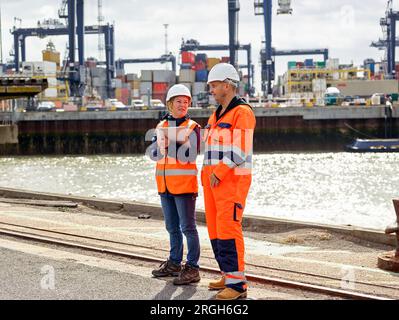 Hafenarbeiter mit digitalen Tablet am Hafen von Felixstowe, England Stockfoto
