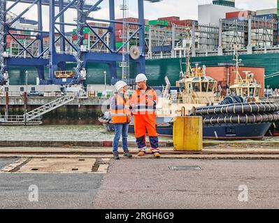 Hafenarbeiter mit digitalen Tablet am Hafen von Felixstowe, England Stockfoto