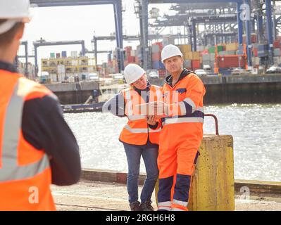 Hafenarbeiter mit digitalen Tablet am Hafen von Felixstowe, England Stockfoto