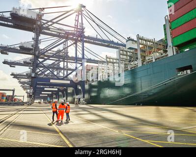 Hafenarbeiter neben Frachter im Hafen von Felixstowe, England Stockfoto