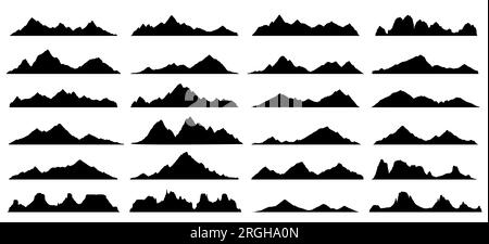 Schwarze Felsen-, Hügel- und Bergsilhouetten, Vektorlandschaft mit felsigen Bergketten, Schneegipfeln und Kämmen. Bergpanorama Naturlandschaft mit Outdoor-Abenteuern, Wandern oder Klettern, Camping, Tourismus Stock Vektor