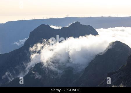 Mystische Stimmung über einem Tal auf Madeira, umgeben von dichtem Wald. Stockfoto