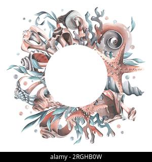 Muscheln, Seesterne, Blasen, Algen und Korallen türkis. Handgezeichnete Aquarelle. Kreisrahmen, Kranz, Schablone auf weißem Hintergrund. Stockfoto
