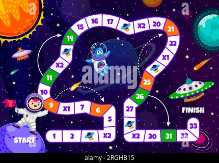 Brettspiel für Kinder. Cartoon-Astronaut, Alien, Raumschiff und Galaxie-Planeten Puzzle-Vektor-Arbeitsblatt. Raumkarte mit Pfad vom Raumfahrer zum UFO, Zahlen, Start, Ziel und Pfeile, Sternenhintergrund Stock Vektor
