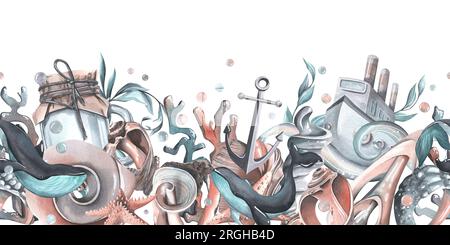 Wale mit Algen, Muscheln, Seesternen, Korallen, Algen, Anker, Wellen, Dampfschiff und Seifenblasen. Handgezeichnete Aquarelle. Nahtlinie auf A Stockfoto