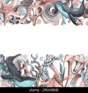 Wale mit Muscheln, Seesternen, Blasen, Algen und Korallen türkis. Handgezeichnete Aquarelle. Vorlage auf weißem Hintergrund. Stockfoto