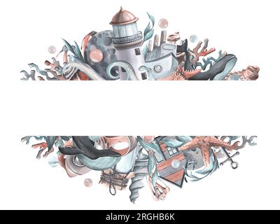 Ein Leuchtturm mit Walen, Muscheln, Seesternen, Korallen, Blasen, dampfschiff, Welle, Anker, Algen, Kabine und Muscheln. Aquarell-Hand Stockfoto
