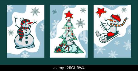 Postkarten mit lustigen Schneemännern. Frohe weihnachten und frohe Neujahrskarte. Weihnachtsfoto für Inneneinrichtung. Vektordarstellung Stock Vektor