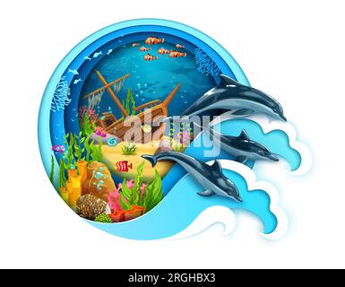 Versunkenes Schiff und Delfine auf papiergeschliffenem Unterwasserlandschaft-Vektorhintergrund. Cartoon Ozeankorallenriff mit Fischen, Meerestieren und Schiffswrack in 3D-schichtigem runden Rahmen mit Wasserwellen aus Papercut Stock Vektor