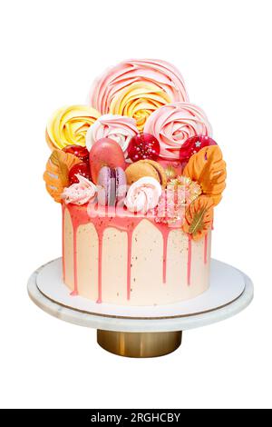 Moderner rosafarbener Kuchen mit Baiser, Lutscher, Makronen, essbaren Blumen und Blättern, dekoriert mit geschmolzener Schokolade. Isoliert auf weißem Hintergrund Stockfoto