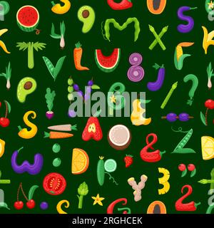 Cartoon-Schriftzeichen aus Obst und Gemüse mit nahtlosem Muster. Gesunde Lebensmittel Alphabet Vektor Hintergrund. Buchstaben- und Zahlentyp aus frischen Orangen, Bananen, Mais, Salat, grünen Erbsen und Zwiebeln Stock Vektor