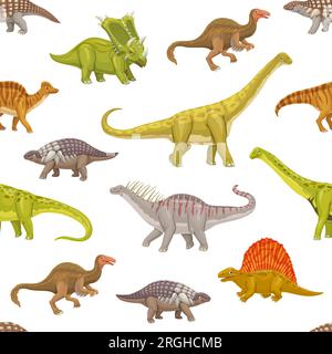 Cartoon-Dinosaurier-Reptil-Tierfiguren nahtloses Muster, Vektor-Kinder-Dino-Hintergrund. Süße Dinosaurier-Eidechsen und lustige prähistorische ausgestorbene Dino-Muster von Stegosaurus und Brachiosaurus Stock Vektor