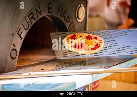 Eine Pizza in einem Holzofen. Stockfoto