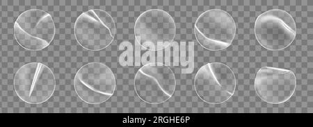 Runde transparente Kunststoffaufkleber und selbstklebende Aufkleberfolien, realistische Vektorfolienetiketten. Klebeflächen Runde Klebefolienaufkleber mit zerknitterter oder zerknitterter Textur Stock Vektor