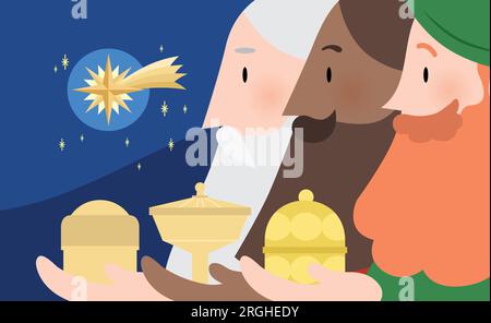 Drei Weise Männer mit Geschenken Profilporträts Vektordarstellung. Gesichter des Melchior-, Caspar- und Balthasar-Cartoon-Vektors. Stock Vektor