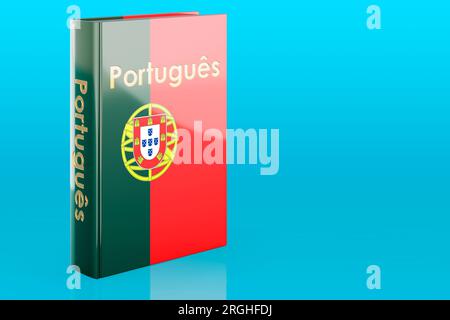 Portugiesischer Sprachkurs. Portugiesisches Lehrbuch auf blauem Hintergrund. 3D-Rendering Stockfoto
