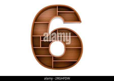 Nummer 6 als Bücherregal ohne Bücher, 3D-Darstellung isoliert auf weißem Hintergrund Stockfoto
