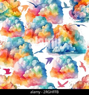 Nahtloses Muster von wasserfarbenen Regenbogenwolken mit Vögeln. Vektordarstellung Stock Vektor