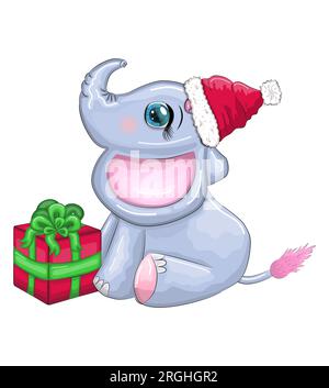 Niedlicher Cartoon-Elefant, kindische Figur mit wunderschönen Augen, weihnachtsmannmütze, Schal, Geschenk, weihnachtsball oder Zuckerrohr. Das Konzept des Stock Vektor