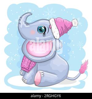 Niedlicher Cartoon-Elefant, kindische Figur mit wunderschönen Augen, weihnachtsmannmütze, Schal, Geschenk, weihnachtsball oder Zuckerrohr. Das Konzept des Stock Vektor