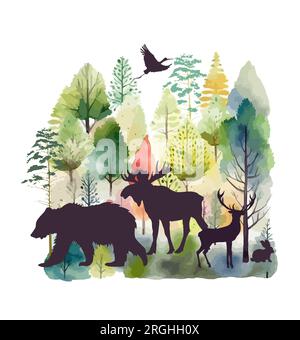 Silhouetten von Tieren im Wald. Vektordarstellung Stock Vektor