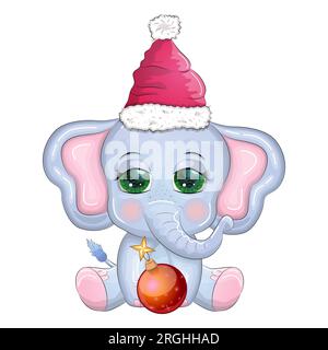 Niedlicher Cartoon-Elefant, kindische Figur mit wunderschönen Augen, weihnachtsmannmütze, Schal, Geschenk, weihnachtsball oder Zuckerrohr. Das Konzept des Stock Vektor