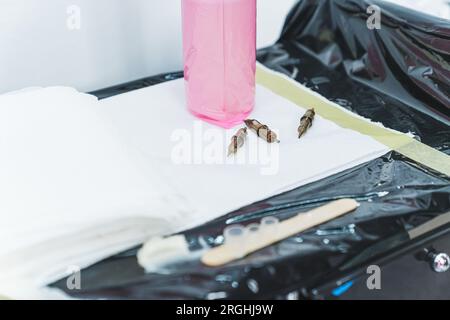 Nahaufnahme professioneller Nadeln und Tätowiertinten, die nach der Sterilisation auf einem sauberen, weißen Papiertuch liegen. Hochwertiges Foto Stockfoto