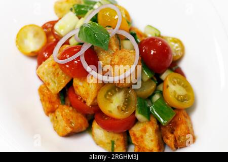 italienischer Panzanella-Salat mit Tomatenbrotzwiebeln Stockfoto