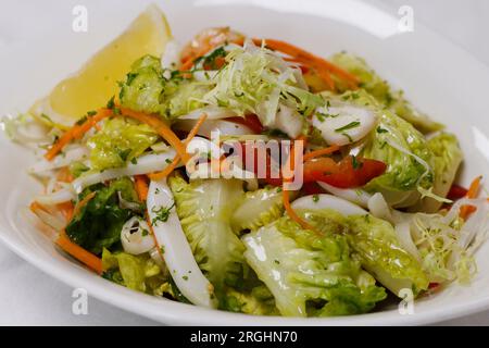 Meeresfrüchtesalat mit Tintenfisch, Garnelen, Garnelen, Tintenfisch, Salat und Tomaten in einer weißen Schüssel Stockfoto