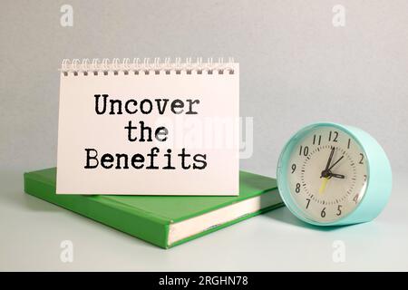 Grüne Pflanze und Notizbuch mit dem Wort ZEIGEN DEN VORTEIL auf grünem Hintergrund auf. Stockfoto