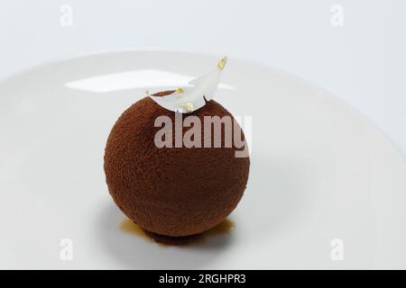 Portion Schokoladenkuchen gefüllt mit Tiramisu, isoliert mit weißem Hintergrund Stockfoto