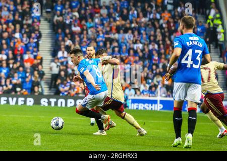 Glasgow, Großbritannien. 09. Aug. 2023. Die Rangers spielten in der 1. Runde der Champions League Group im Ibrox Park, Glasgow, Schottland, Großbritannien - Heimstadion der Rangers. Das Spiel ist für beide Teams von großer Bedeutung, da sie versuchen, sich für die Champions League zu qualifizieren. Kredit: Findlay/Alamy Live News Stockfoto