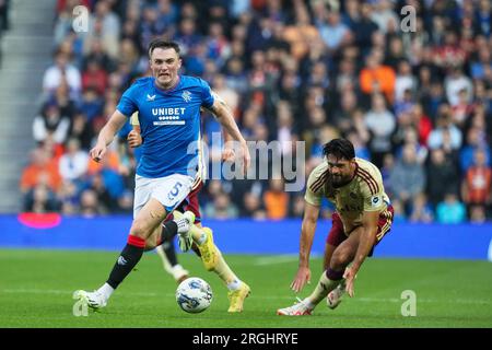 Glasgow, Großbritannien. 09. Aug. 2023. Die Rangers spielten in der 1. Runde der Champions League Group im Ibrox Park, Glasgow, Schottland, Großbritannien - Heimstadion der Rangers. Das Spiel ist für beide Teams von großer Bedeutung, da sie versuchen, sich für die Champions League zu qualifizieren. Kredit: Findlay/Alamy Live News Stockfoto