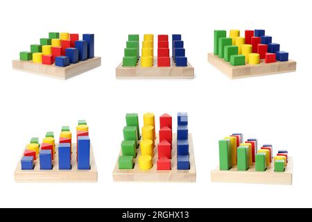 Sortierer aus Holz mit bunten geometrischen Figuren, isoliert auf weiß, in verschiedenen Winkeln. Collage-Design mit Kinderspielzeug Stockfoto