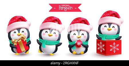 Weihnachtspinguine mit Figuren im Vektordesign. Pinguine weihnachtsfigur in fröhlichem, lächelndem, süßem Gesicht isoliert auf weißem Hintergrund. Vektor Stock Vektor