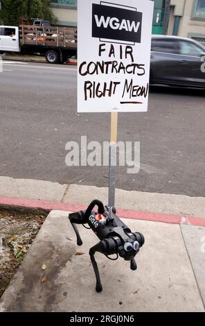 Hollywood, Kalifornien, USA. 9. Aug. 2023. Atmosphäre im WGA100 Days Strike vor den Paramount Studios und Netflix in den Paramount Studios und Netflix in Hollywood, Kalifornien, am 9. August 2023. Kredit: Faye Sadou/Media Punch/Alamy Live News Kredit: MediaPunch Inc/Alamy Live News Stockfoto