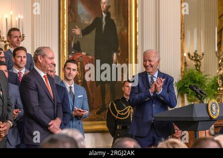 WASHINGTON, D.C. – 7. August 2023: Präsident Joe Biden hält während einer Veranstaltung zu Ehren der Houston Astros 2022 im Weißen Haus eine Rede. Stockfoto