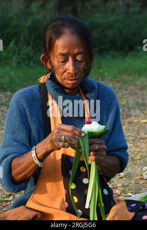 Ältere Thai-Frau sitzt auf dem Boden und faltet weiße Lotusblätter, die sich auf die buddhistische Zeremonie vorbereiten, Makha Bucha Tag in Thailand. Stockfoto