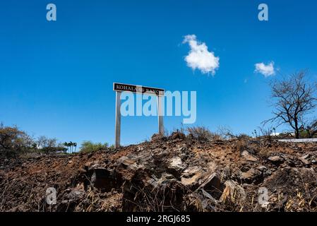 Hawi, HI, USA. 9. Aug. 2023. Der Brand in Akoni Pule im North Kohala District auf Hawai'i Island wurde am 9. August 2023 zu 60 Prozent eingedämmt. Die Wohngemeinde Kohala Ranch war gezwungen, die Gegend für etwa 24 Stunden zu evakuieren. Kredit: ZUMA Press, Inc./Alamy Live News Stockfoto