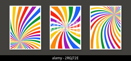 Ein Set mit Regenbogen- und Sonnendruckdrucken. Kollektion mit abstrakten bunten Postern. Psychedelische Tapeten mit geometrischen Sternenausbrüchen. Paket mit Vorlagen für PRIDE Month und lgbt-Rechte. Vektordarstellung. Stock Vektor