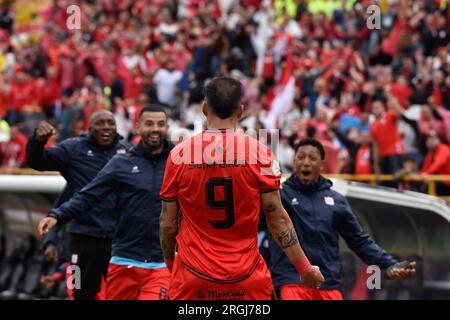 Bogota, Kolumbien. 06. Aug. 2023. Der America de Cali-Spieler Facundo Suarez feiert ein Tor während des Equidad V America de Cali-Spiels für das zweite Semester der BetPlay Dimayor League in Bogota, Kolumbien, am 6. August 2023. Foto: Cristian Bayona/Long Visual Press Credit: Long Visual Press/Alamy Live News Stockfoto