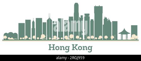 Silhouette der chinesischen Skyline von Hongkong mit farbigen Gebäuden. Vektordarstellung. Stadtbild mit Wahrzeichen. Stock Vektor