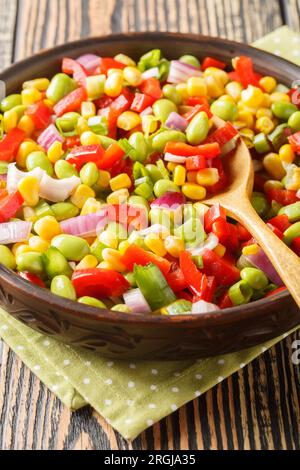 Frischer Bio-Salat mit Edamam-Sojabohnen, Paprika, Mais, Tomaten und Zwiebeln in einer Schüssel auf dem Tisch. Vertikal Stockfoto