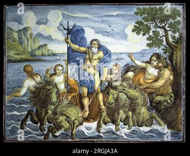 Neptune sur son char et avec un trident. Rechteckige Plakette, Dekor de Grand feu polychrome, Fabriquee a Castelli, Italie, 18e Siecle. Musée des Beaux Arts de Lille. Stockfoto