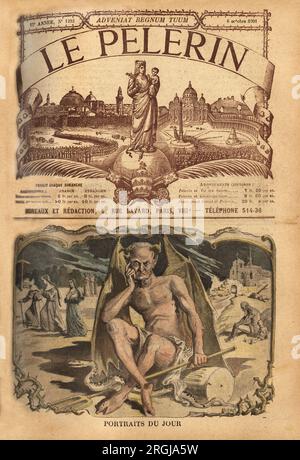 Gravure pour la couverture de 'Le pelerin' Datum 6091901, le diable au chomage, assis, avec a ses pieds le perfide serpent, attend Patiemment le dernier jour de l'execution de la nouvelle loi contre les congregations religieuses non autorisees, a l'arriere Plan, des religieuses quittent leur couvent et un Batiment religieux tombe en ruine, couverture pour mobiliser contre le mouvement politique de Separation de l'eglise et de l'etat. Stockfoto