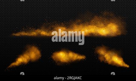 Realistischer Satz brauner Pulverwolken auf transparentem Hintergrund. Vektordarstellung der Zimtgeschmacksexplosion, Kaffeeduft, Staub platzt mit Partikeln, die in die Luft fliegen, Wüsten-Sandsturm-Effekt Stock Vektor