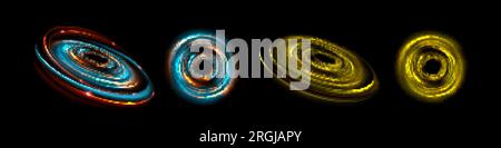 Realistische Leuchtkörper in Neonfarben auf schwarzem Hintergrund. Vektordarstellung von gelben und türkisfarbenen kreisförmigen Spiralwirbeln mit leuchtendem Pa Stock Vektor