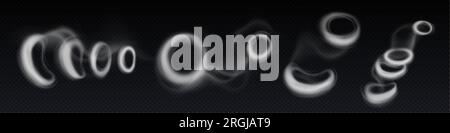 Rauchringe, runde Dampf- oder Smogwolken. Runder Nebel, Rauch von Wasserpfeife, Zigarette oder Pfeife, Vapor fliegt in der Luft, Vektor realistische Illus Stock Vektor