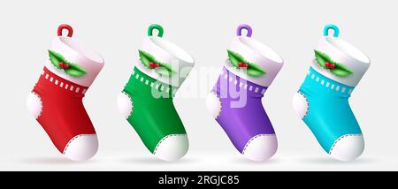 Weihnachtssocken Set Vektordesign. weihnachtsmannsocken und farbenfrohe Strümpfe Schmuckkollektion für Weihnachtsdekoration. Vektorbild weihnachtsmann Stock Vektor